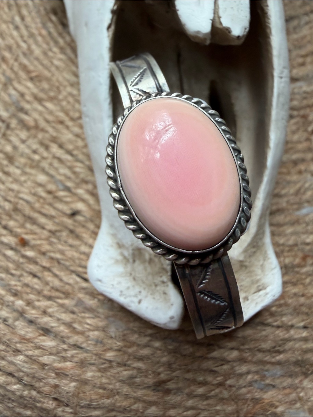 Sterling Silver Pink Conch Cabochon Cuff Bracelet